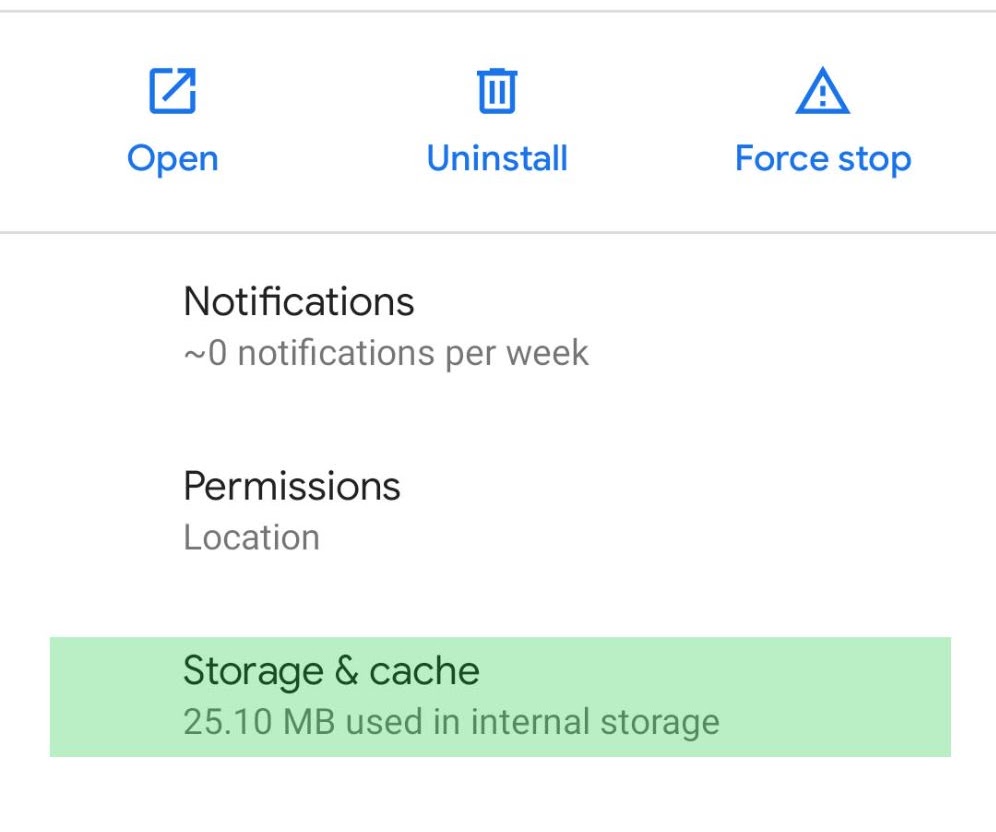 App info screen with Storage and cache highlighted